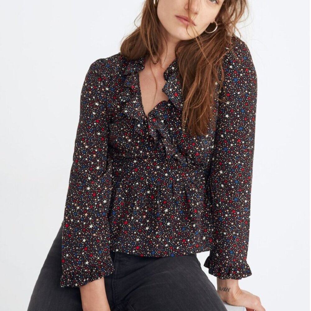 Madewell Silk Ruffle-Hem Wrap Top in Starry Night Size Small